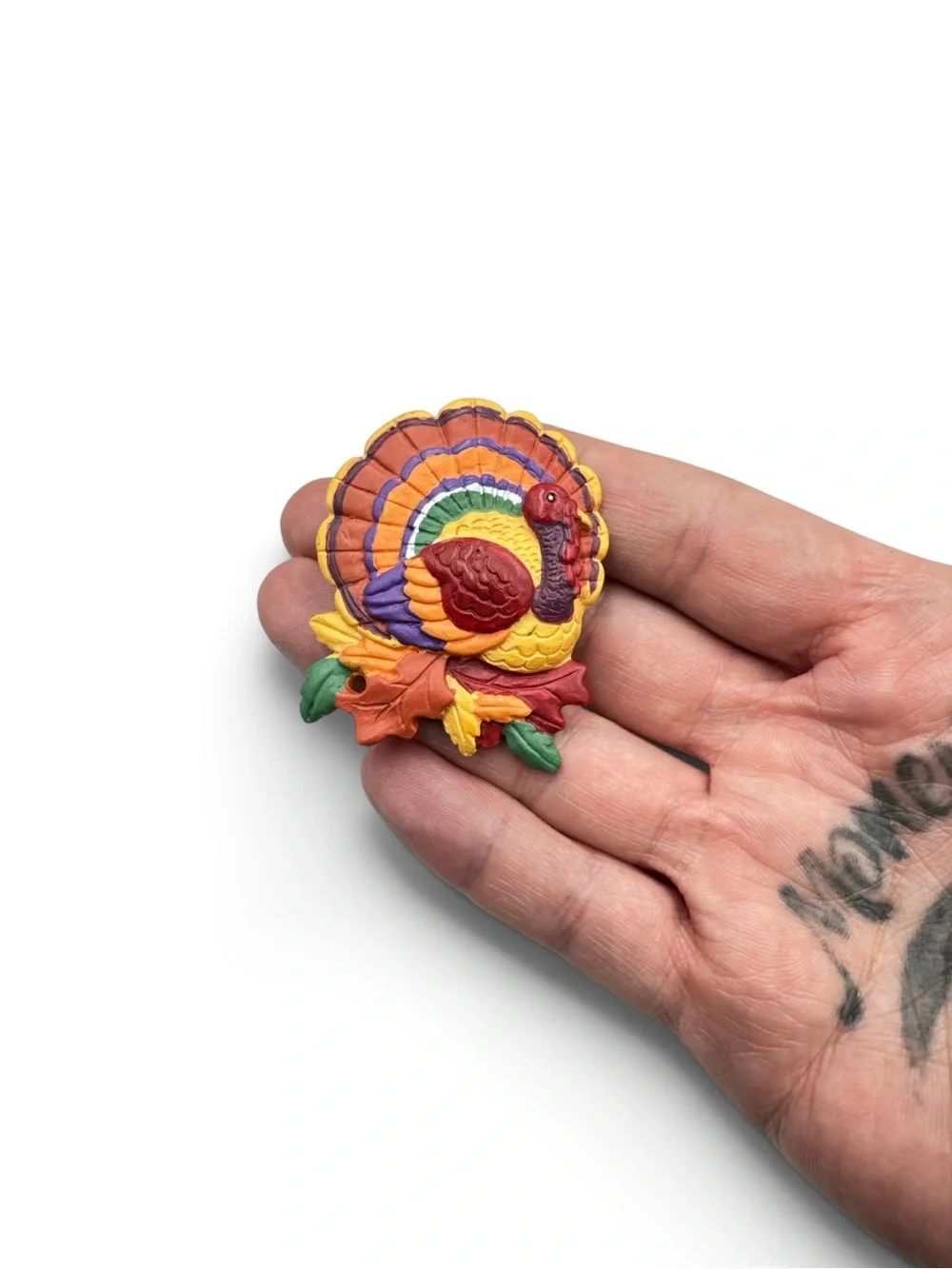 Vintage 1990s Colorful Thanksgiving Turkey Plastic Brooch Pin Fall Novelty